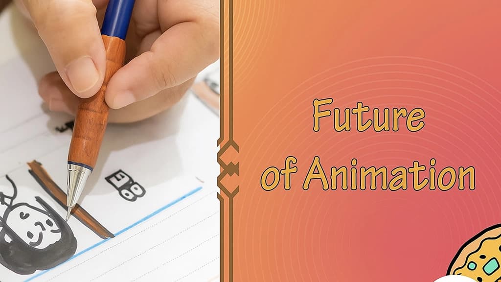 An illustration of Future of animation with a person drawing a carton of left and Text Future of Animation on right.