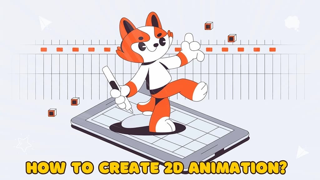 Image of 2D animated character surrounded by animation tools and software Caption: Unleash Your Creative Potential: A Beginner's Guide to 2D Animation