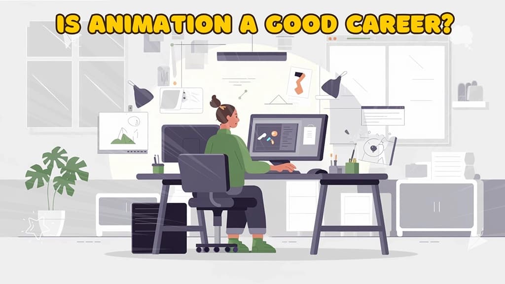 Minimalist digital art showing an animator at work with floating animation frames and creative tools in a modern studio setting