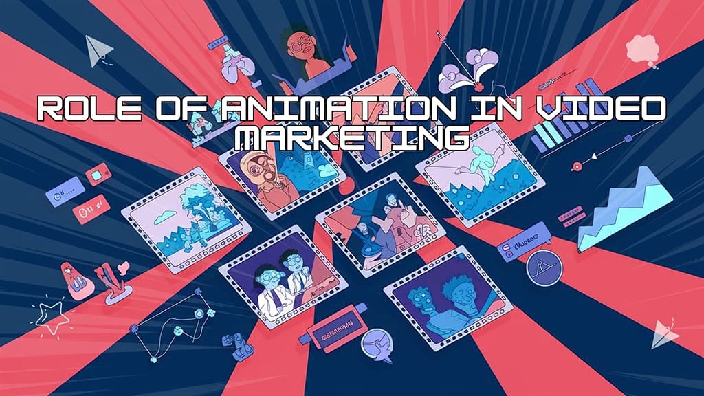 Role of animation in video marketing illustrated with film frames, animated characters, and marketing elements