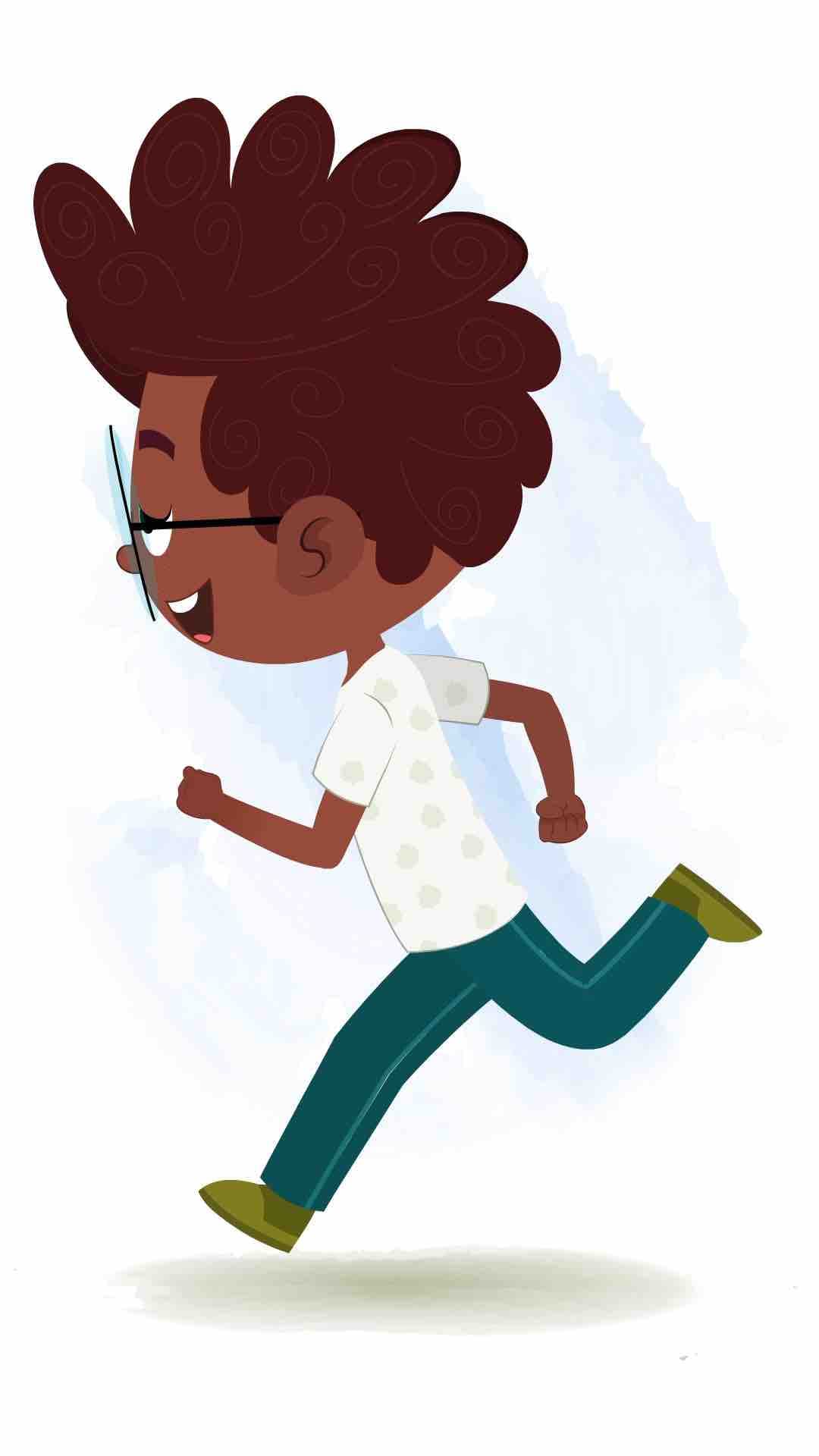 A black boy running fast side view animated cartoon character aka krish