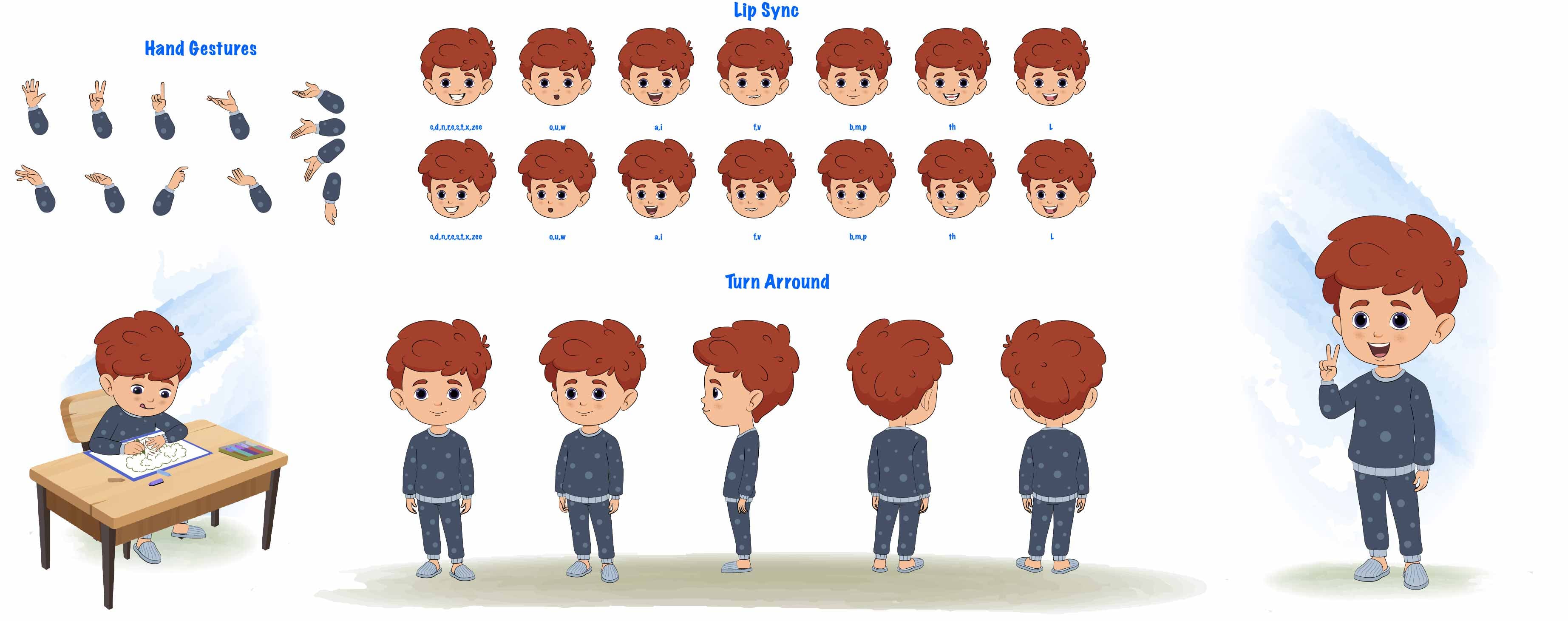 A little red hair boy cartoon character construction/model sheet aka sunny