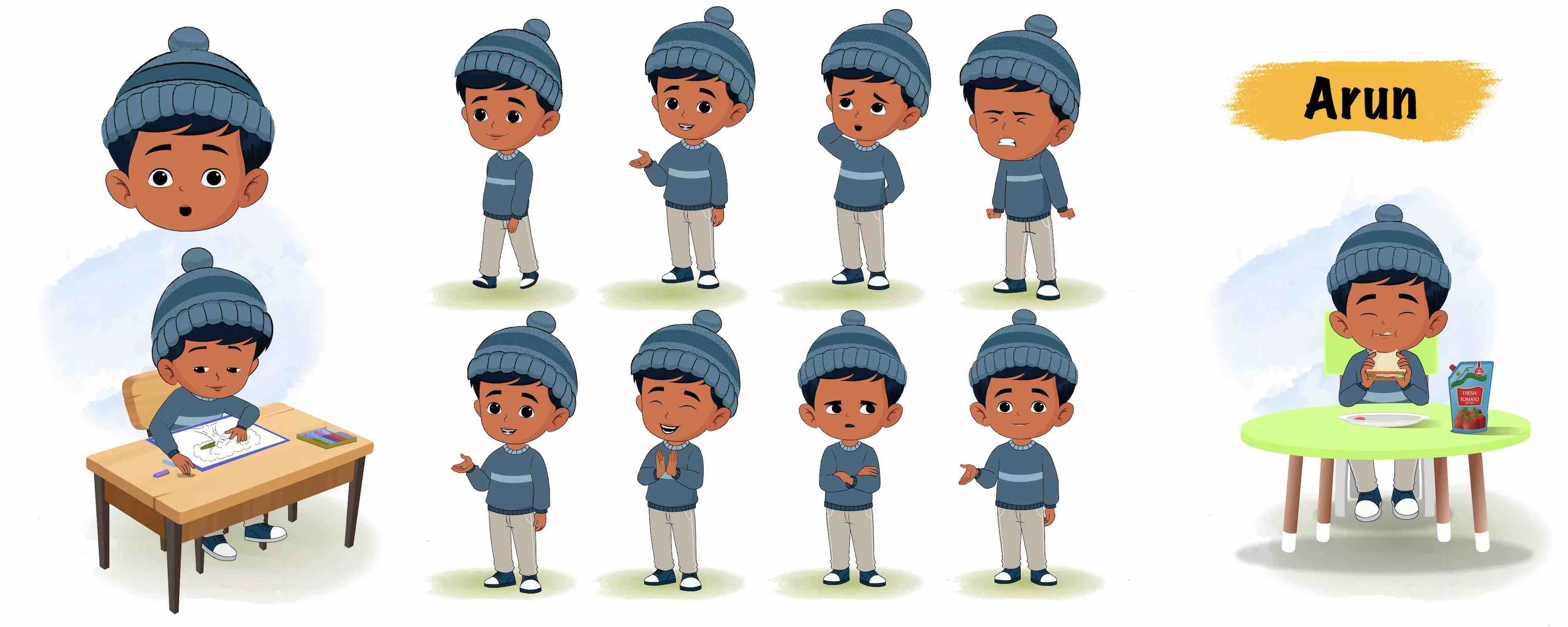 Little boy in winter clothes animated vector cartoon character model sheet AKA Arun