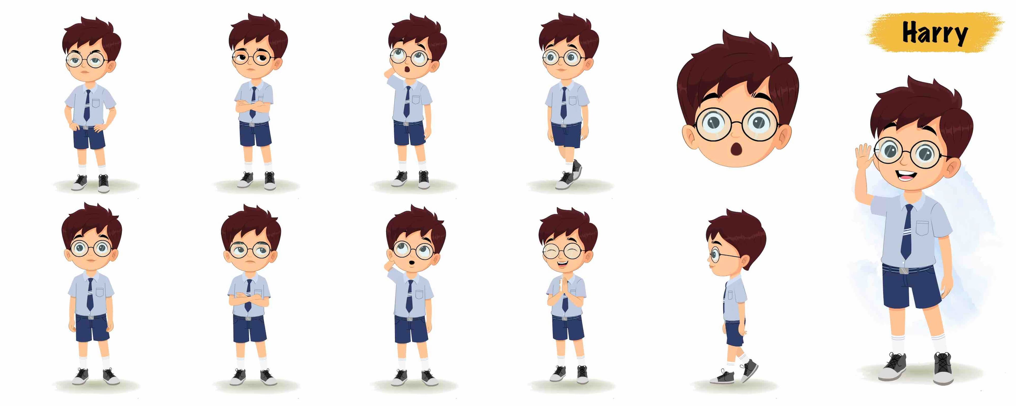 School boy animated vector cartoon character model sheet AKA Harry