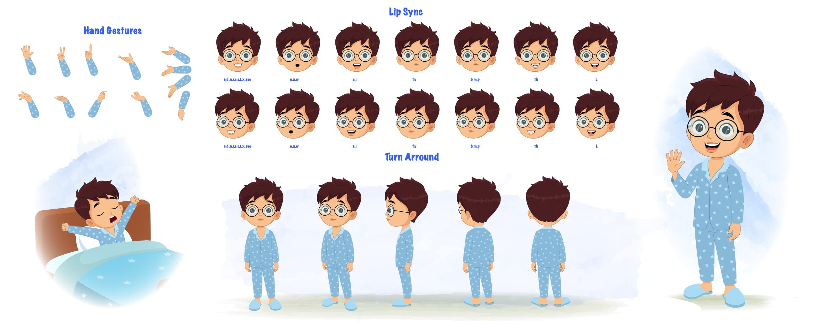 A boy in night dress cartoon character construction/model sheet aka harry