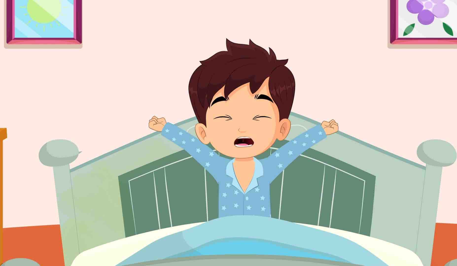 A boy in night dress animated waking up in morning cartoon character aka harry