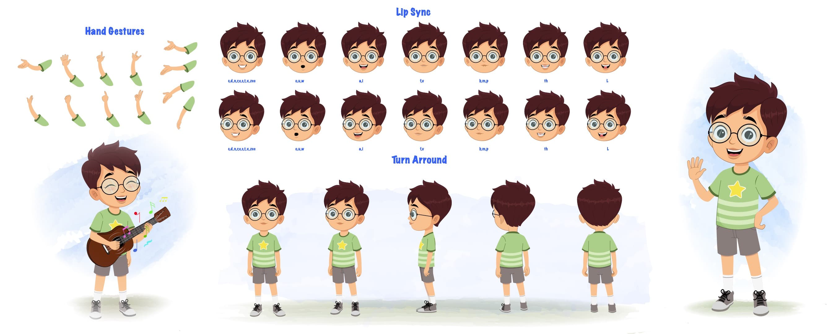 An illustrated model sheet of a cute boy cartoon character with turnaround poses and various hand gestures aka harry