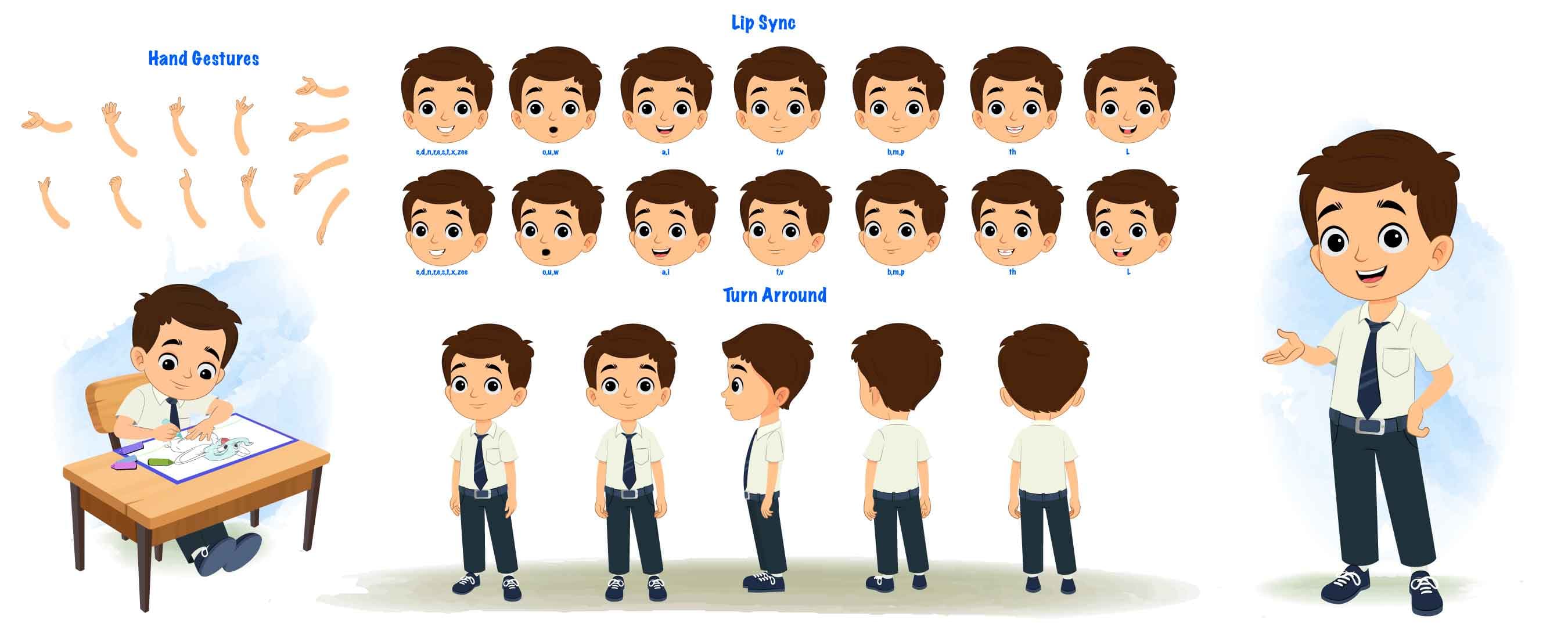 A little school boy cartoon character construction/model sheet aka bittu