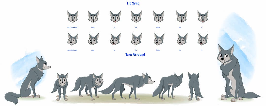 A wolf model sheet vector cartoon character aka wandy the wolf