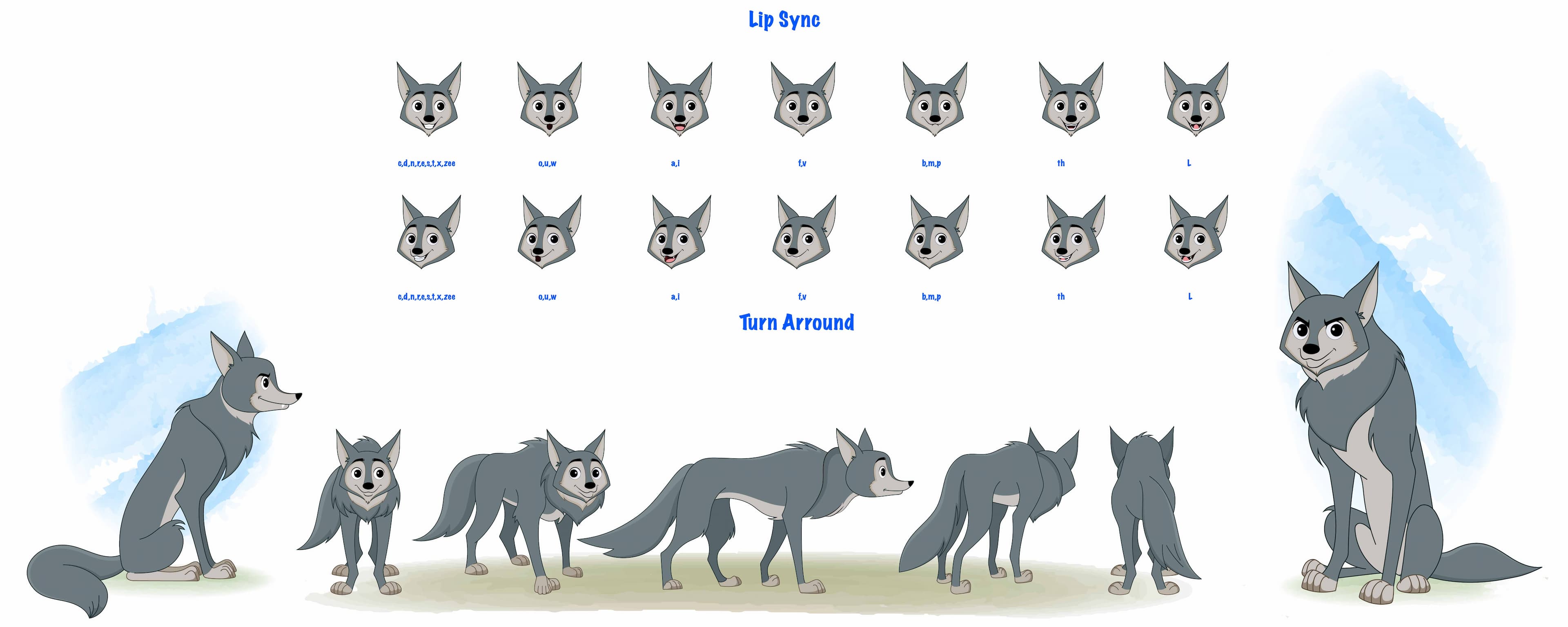 A wolf model sheet vector cartoon character aka wandy the wolf