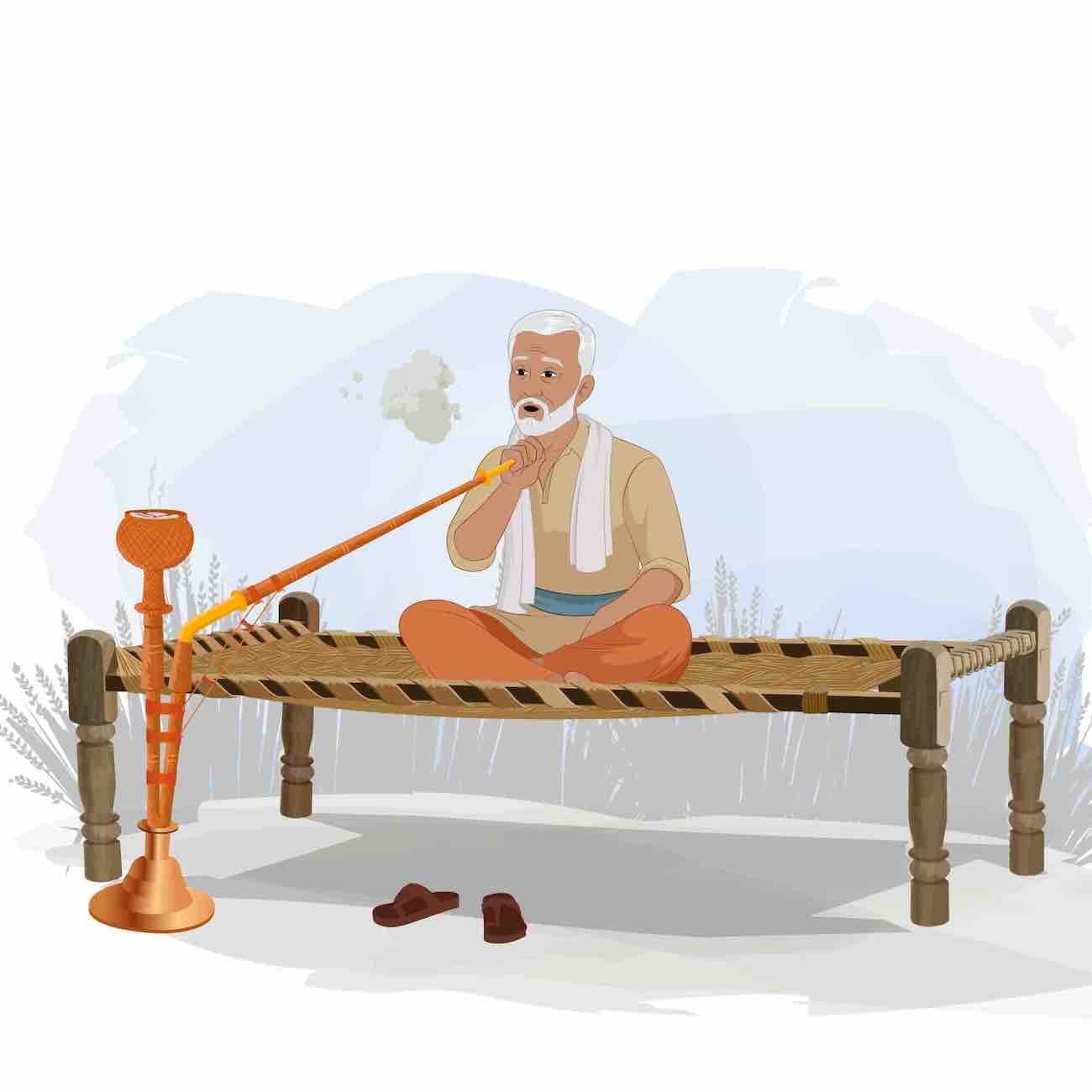 An old Indian man smoking hukka  animated vector cartoon character AKA Hariom