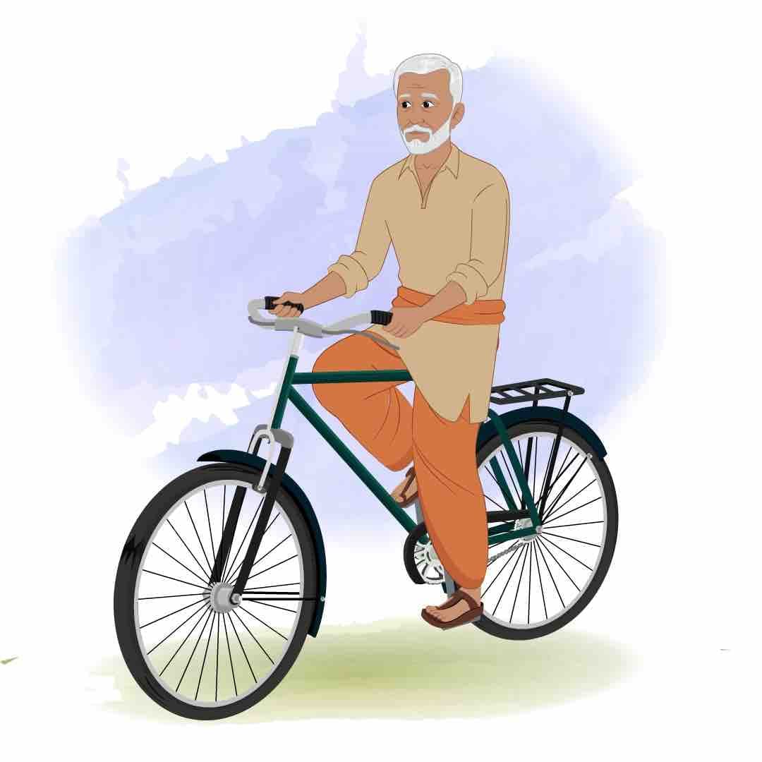A old Indian farmer riding bicycle animated vector cartoon character AKA Hariom