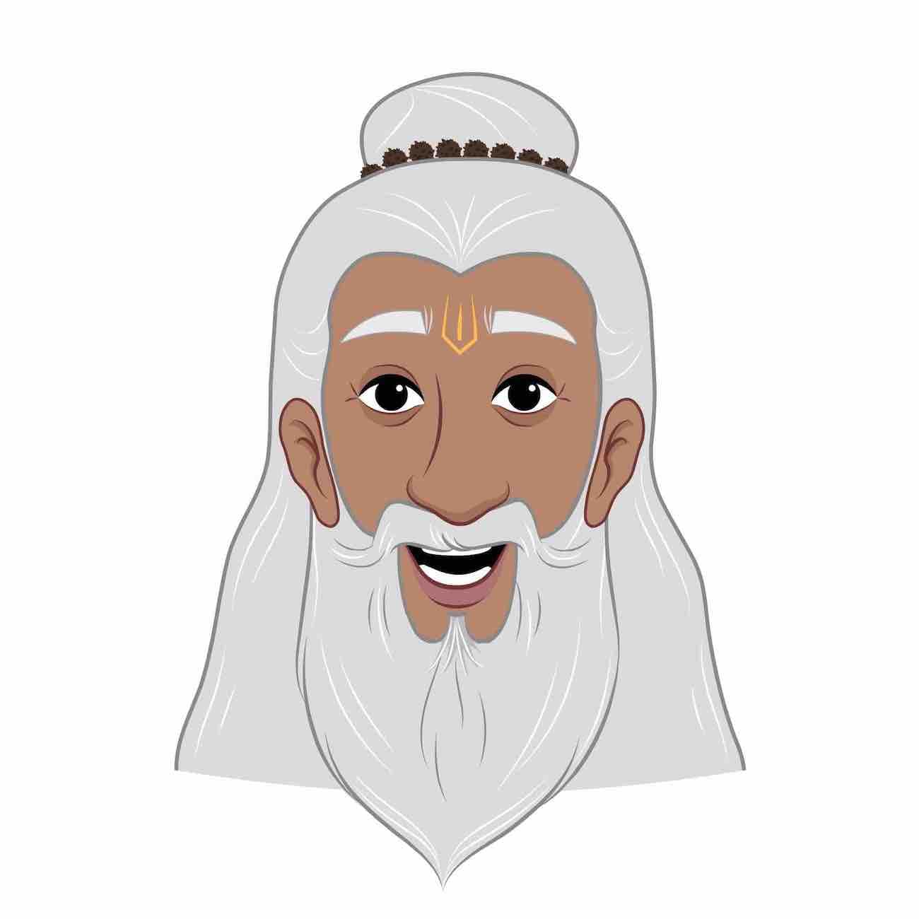 A sage sadhu animated face expression vector cartoon character AKA Premacharya