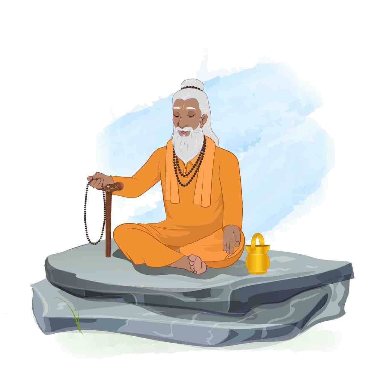 A sage sadhu doing chanting animated vector cartoon character AKA Premacharya