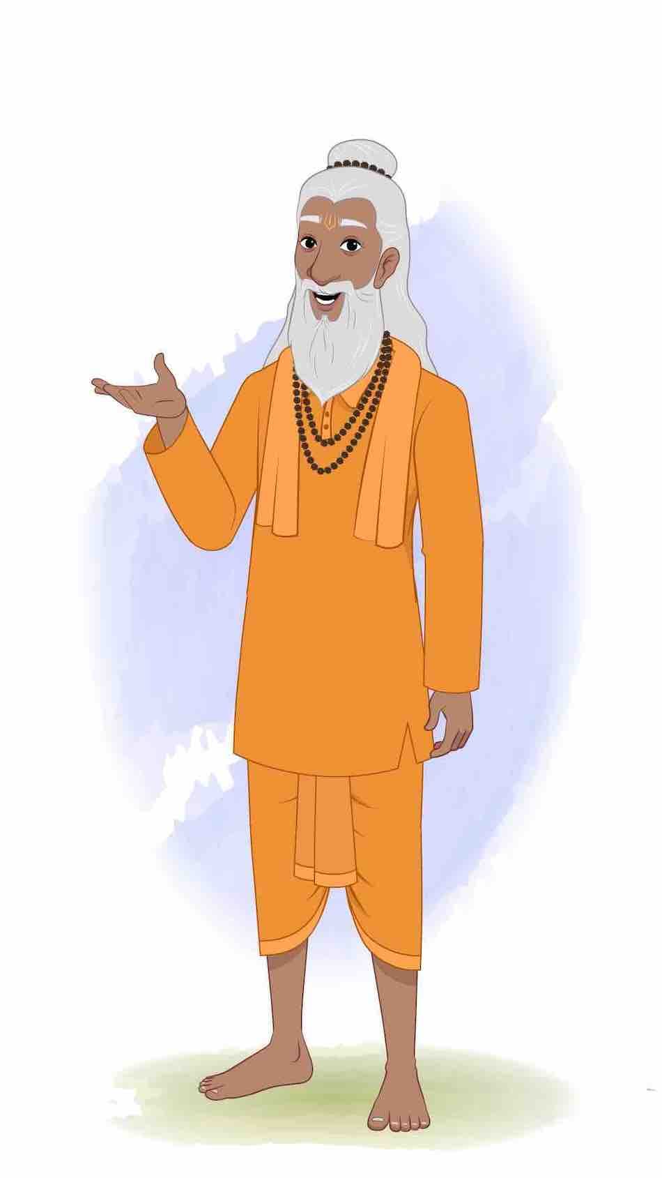 A sage sadhu talking animated vector cartoon character AKA Premacharya