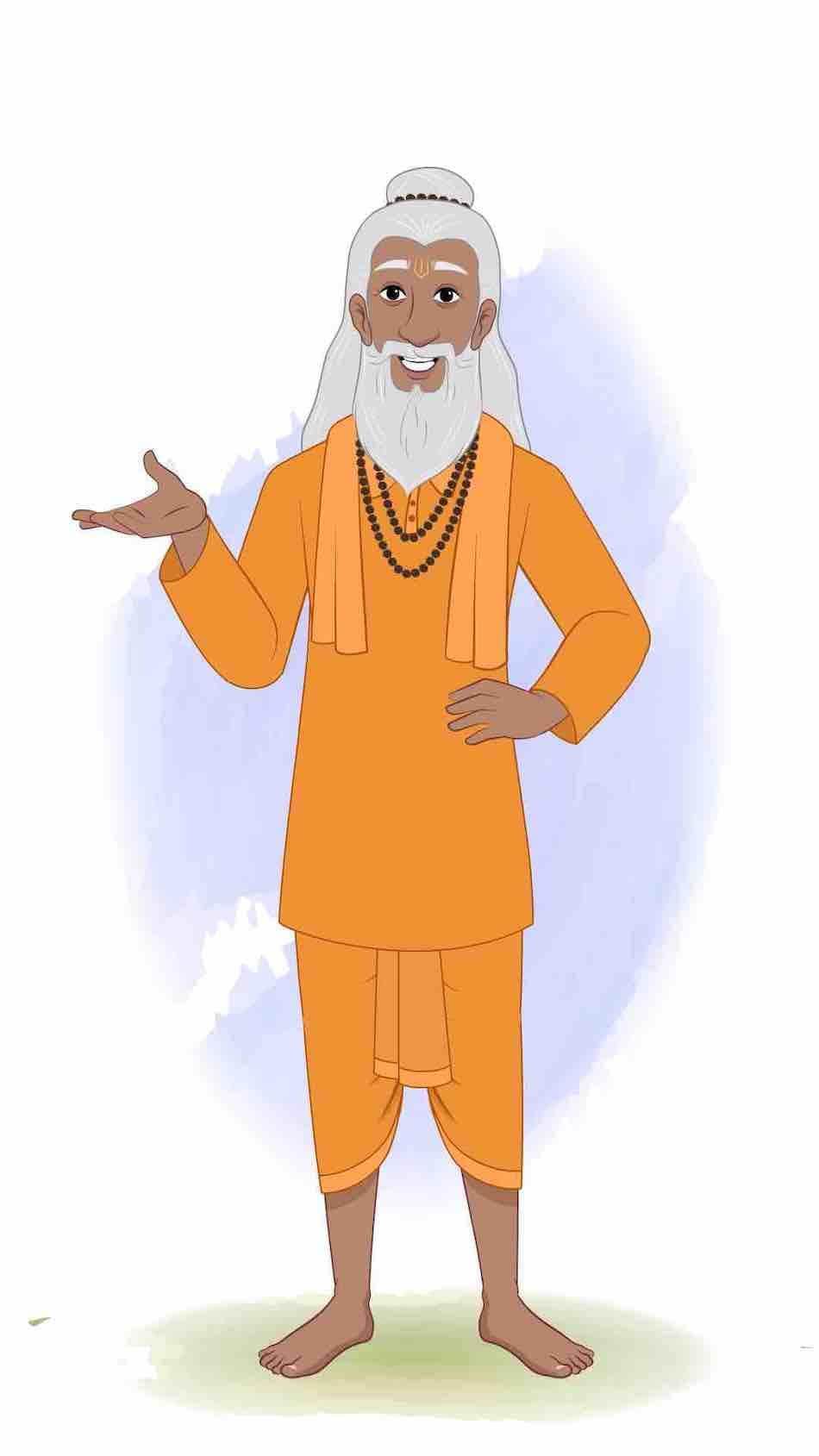 A sage sadhu talking animated vector cartoon character AKA Premacharya