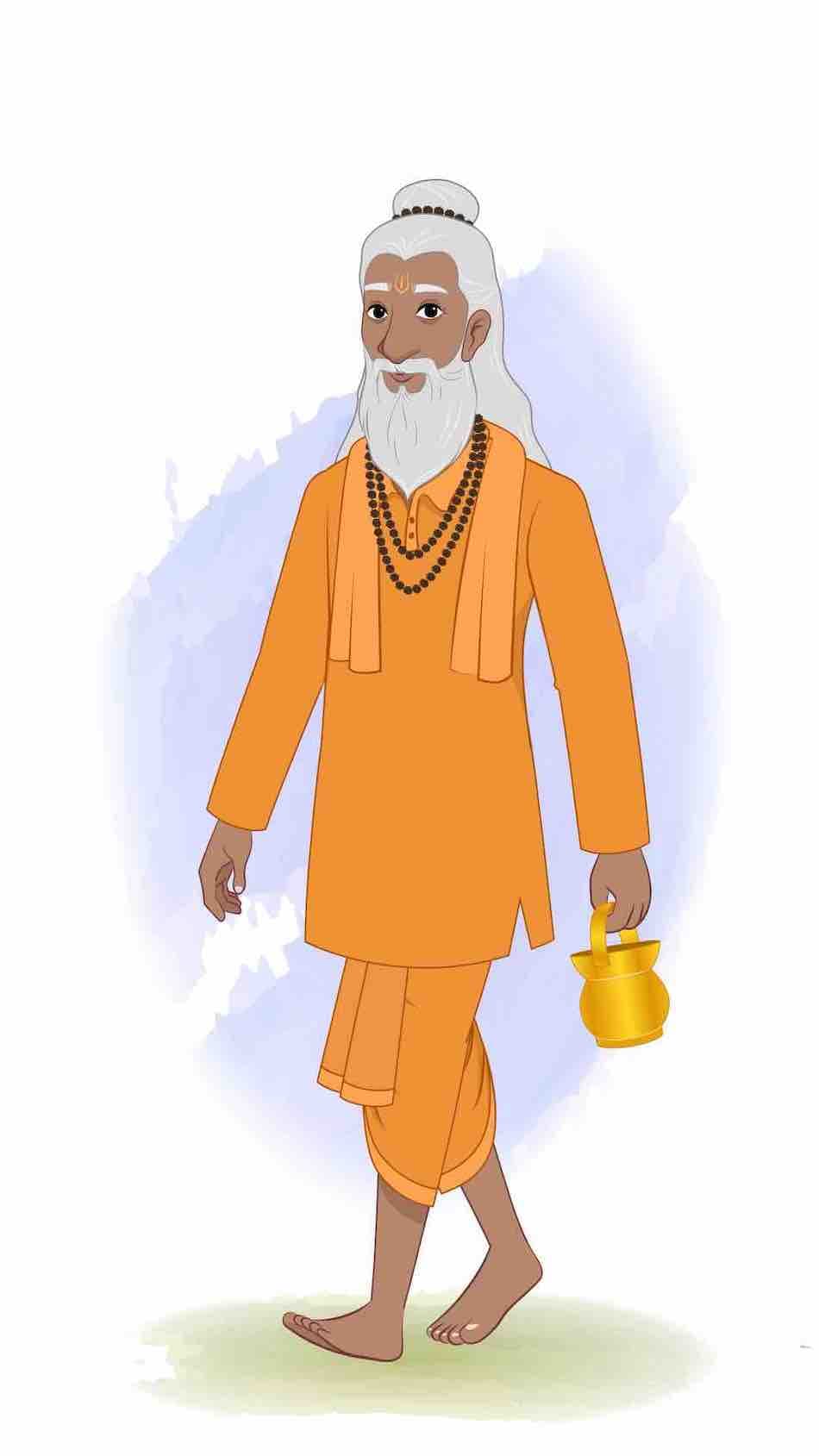 A sage sadhu walking animated vector cartoon character AKA Premacharya