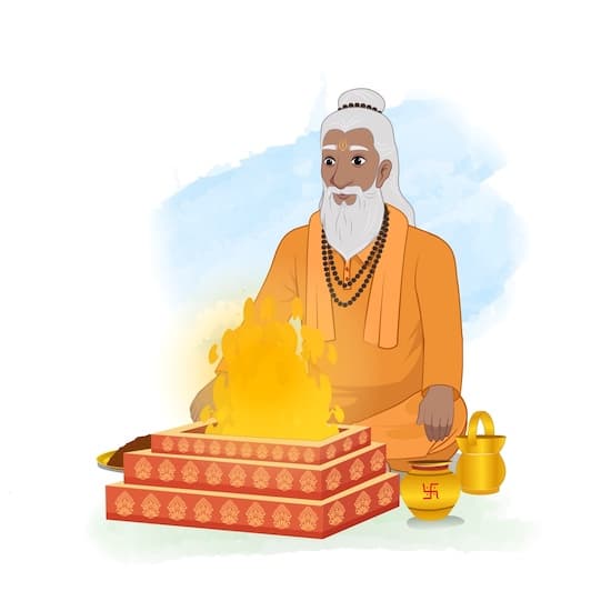 A sage sadhu doing havan  animated vector cartoon character AKA Premacharya