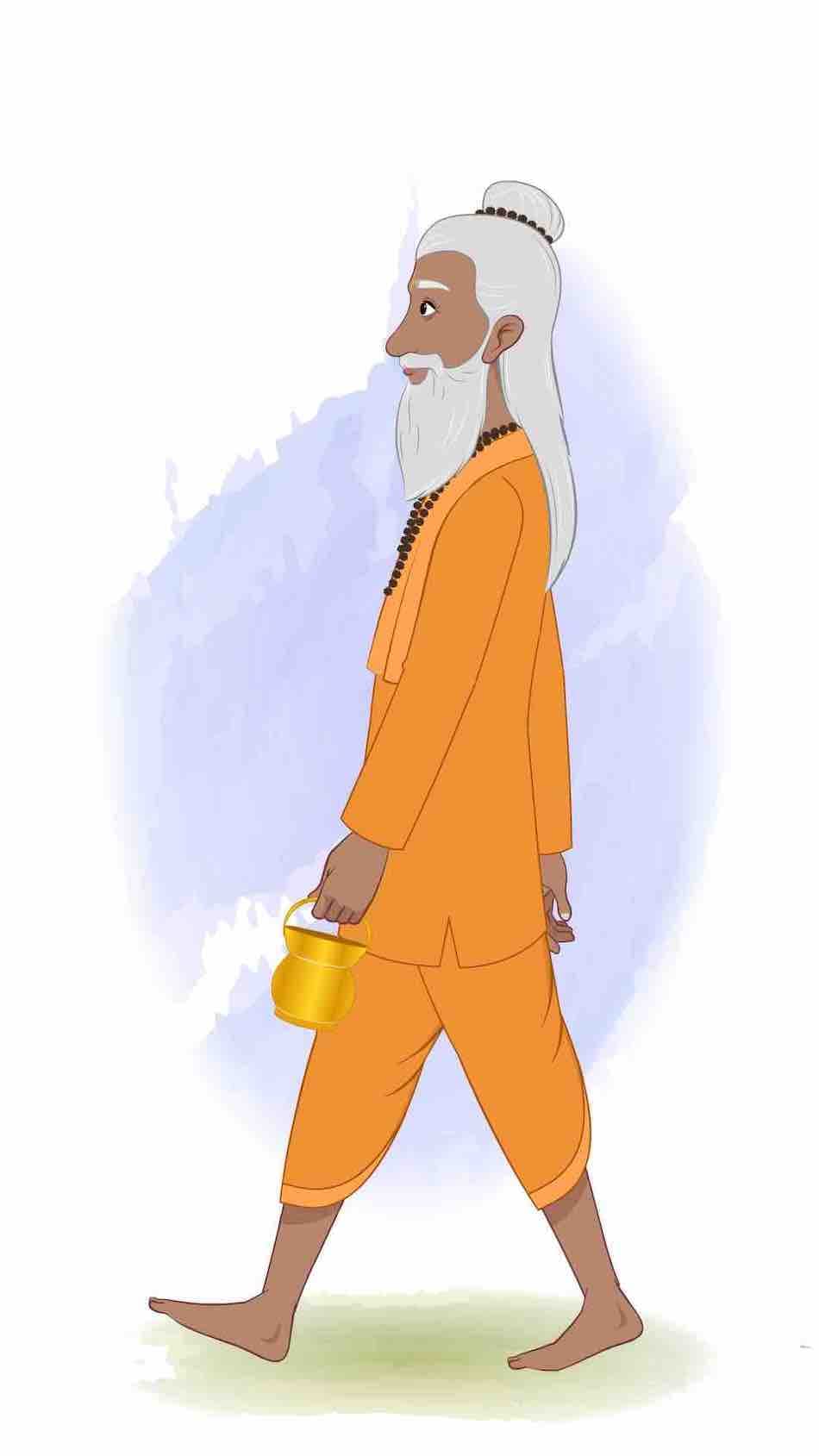 A sage sadhu walking animated vector cartoon character AKA Premacharya
