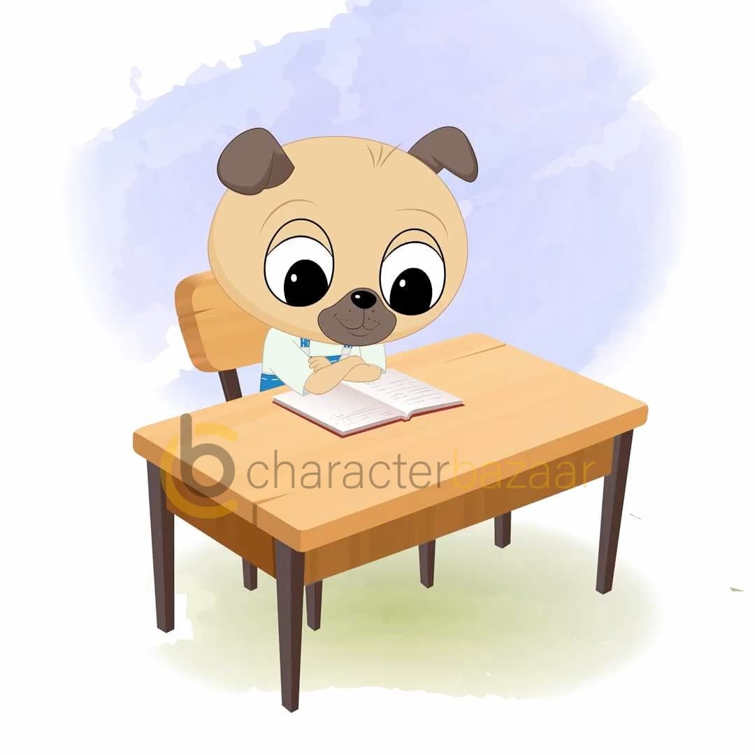 A little dog reading a book and sitting on the table animated cartoon character aka duffy the dog