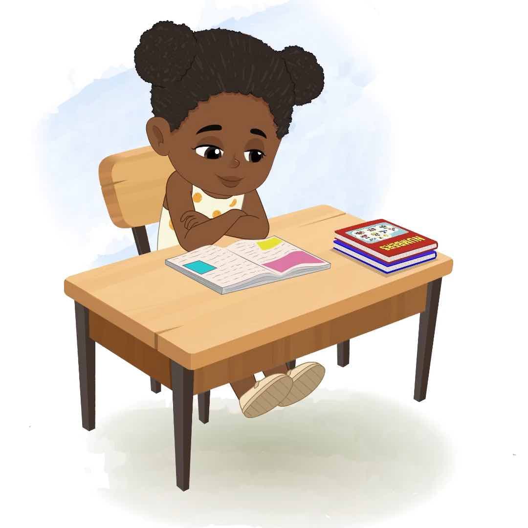 A cute African little girl reading animated vector cartoon character AKA Nia