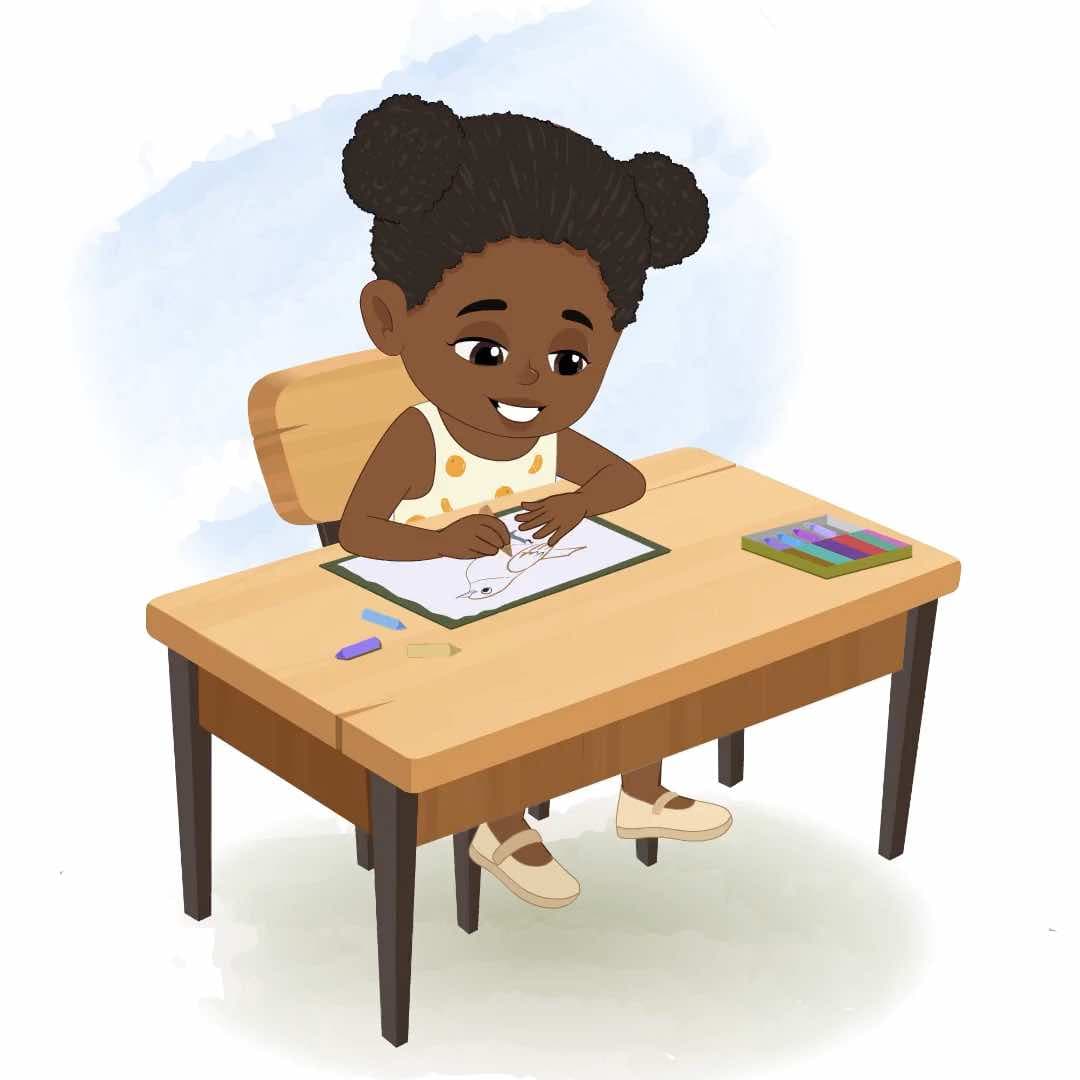 A cute African little girl doing coloring animated vector cartoon character AKA Nia