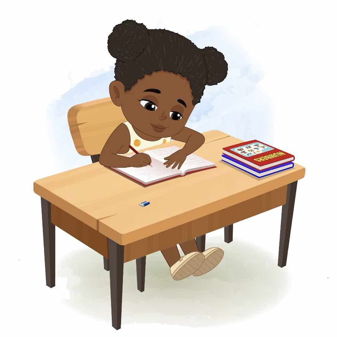 A cute African little girl writing in notebook animated vector cartoon character AKA Nia