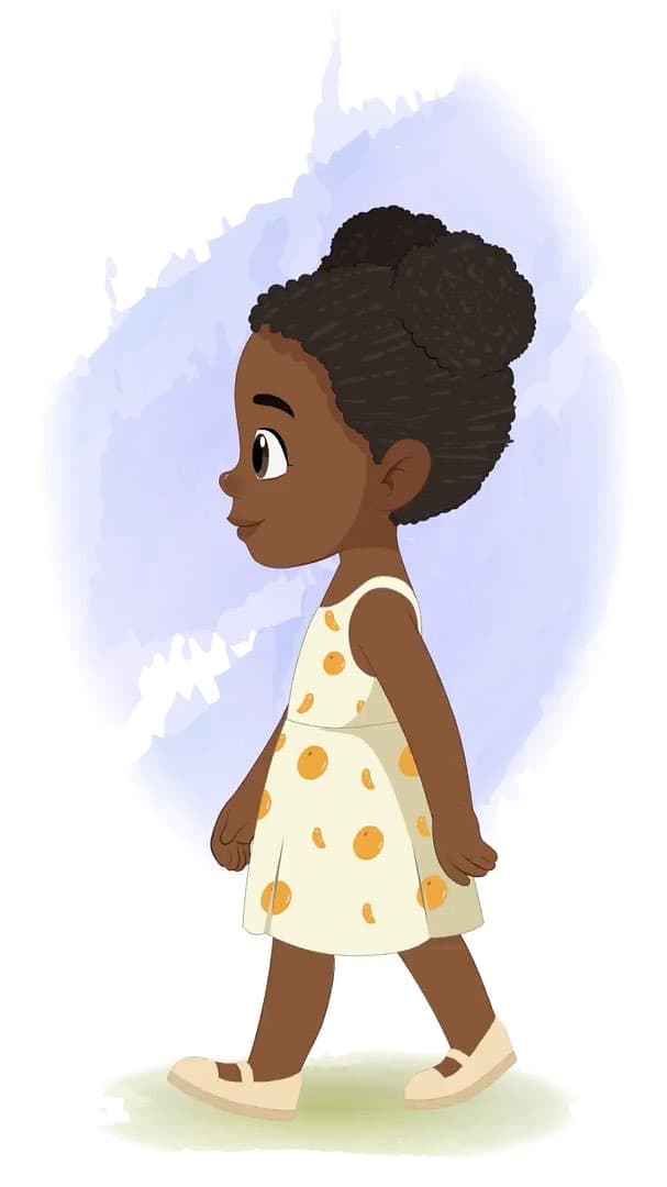 A cute African girl side walking animated vector cartoon character AKA Nia