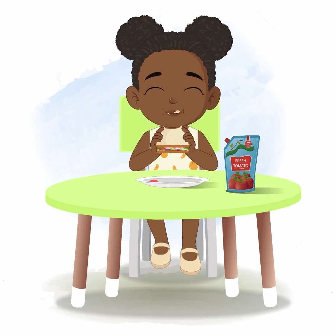 A cute African little girl eating animated vector cartoon character AKA Nia