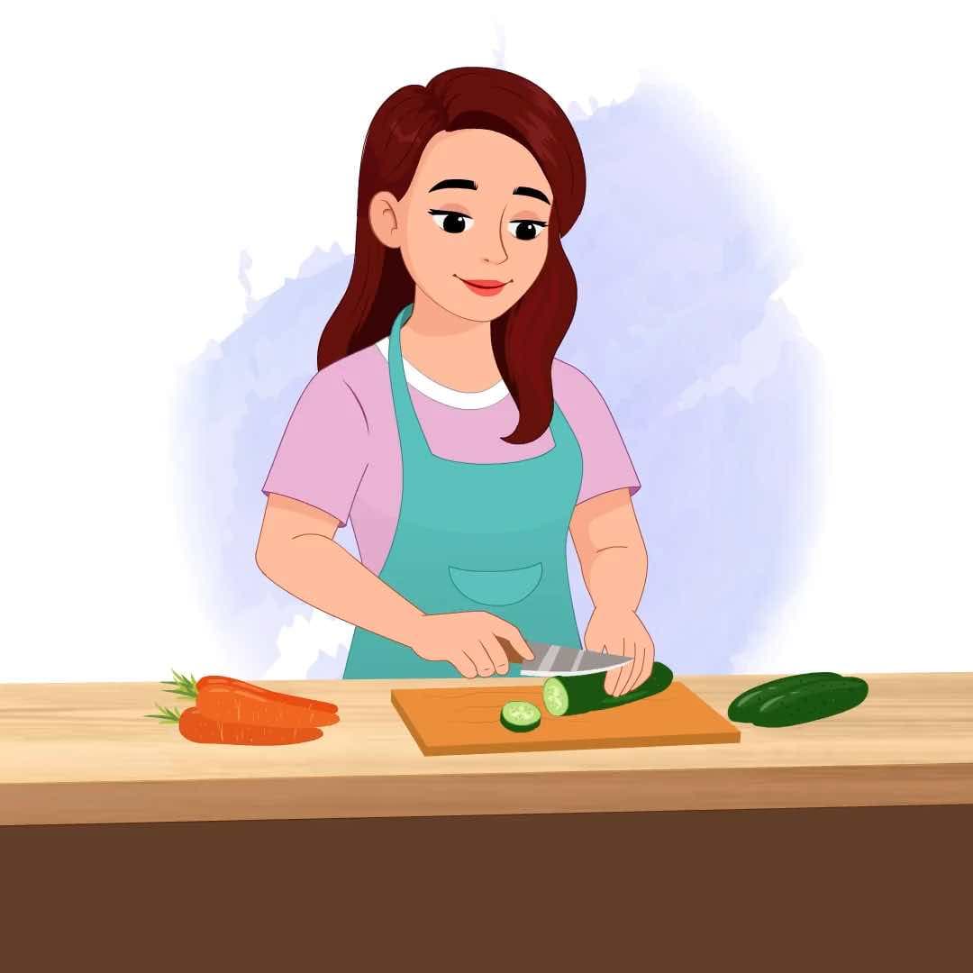 A pretty young woman cutting vegetable animated vector cartoon character AKA Emily