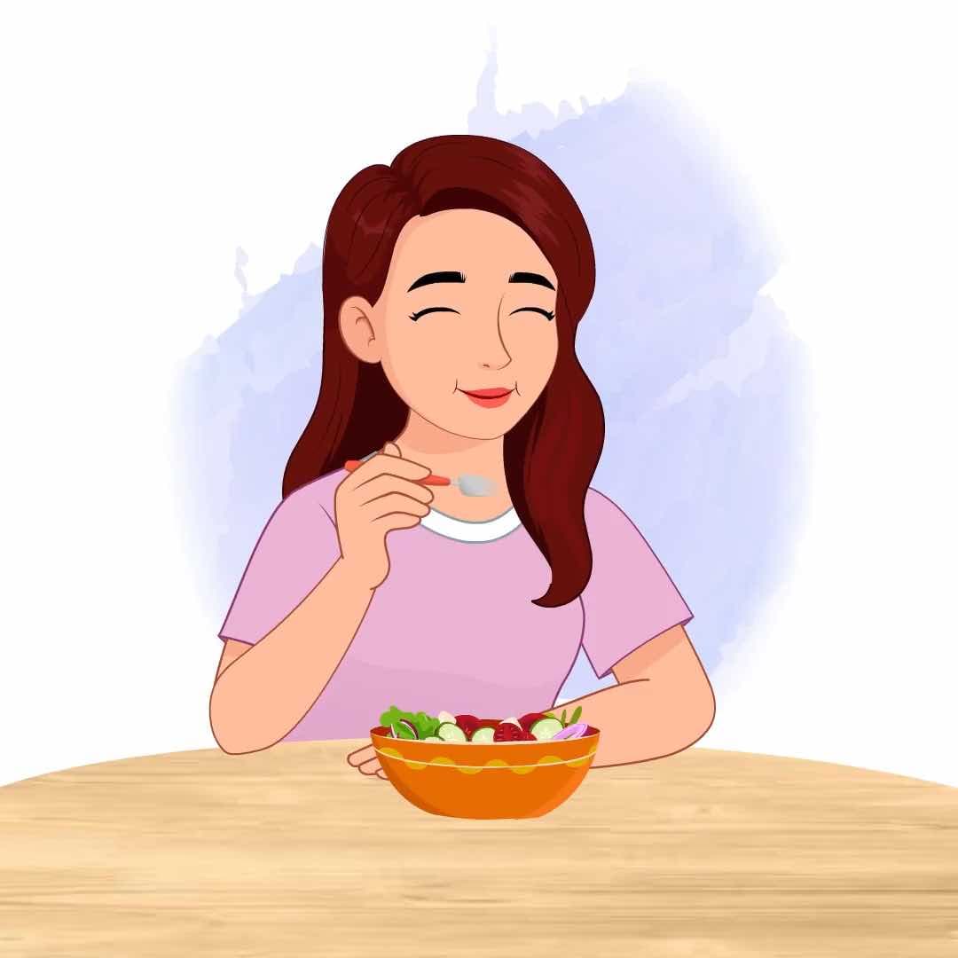 A pretty young woman eating food animated vector cartoon character AKA Emily