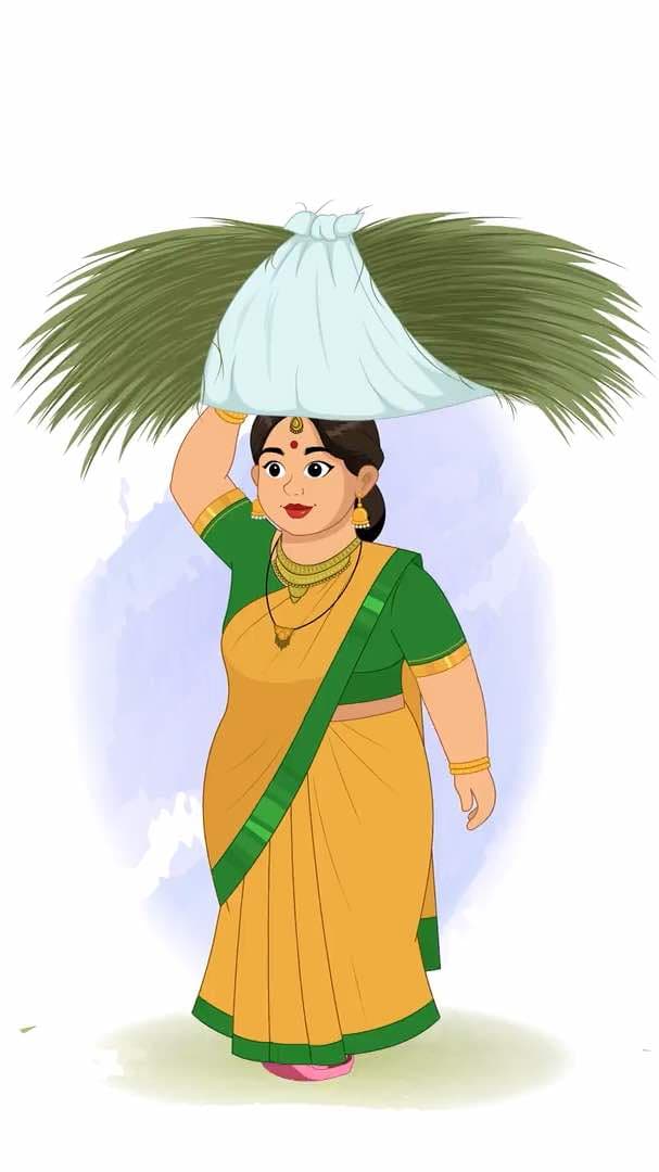 A fat Indian woman walking with grass bag animated vector cartoon character AKA Anuradha