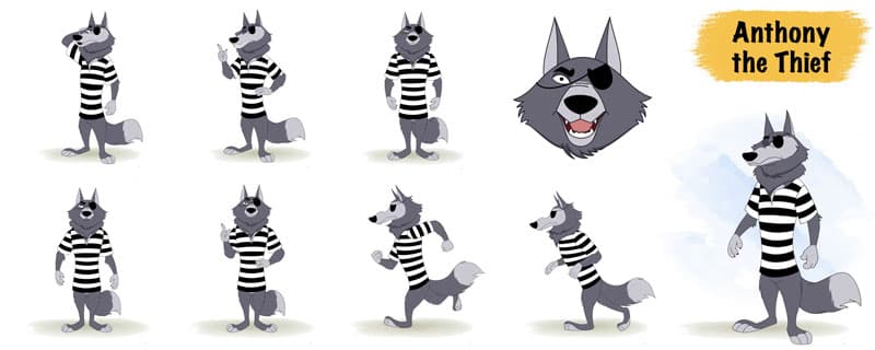 Thief wolf animal animated vector cartoon character model sheet AKA Anthony the Thief