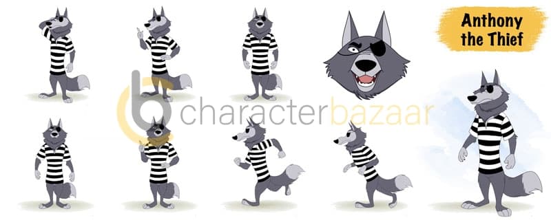 Thief wolf animal animated vector cartoon character model sheet AKA Anthony the Thief