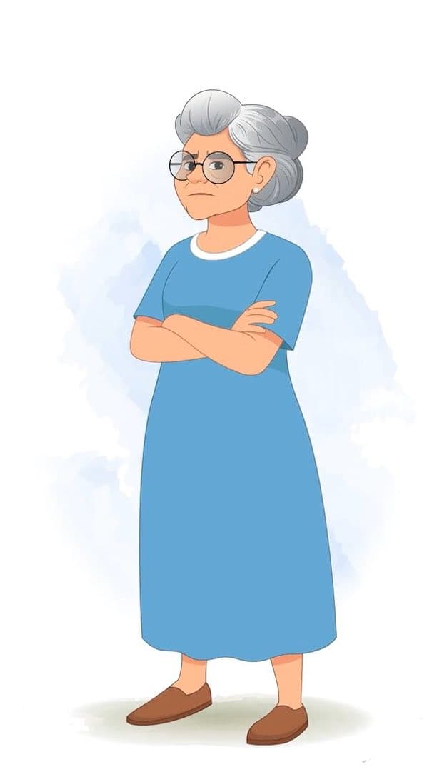 An annoyed grandma animated vector cartoon character in 1/3 view AKA Martha