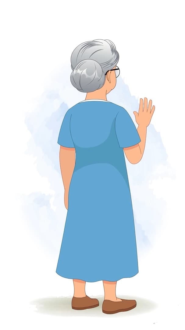 A grandma saying hi from back third view animated vector cartoon character AKA Martha