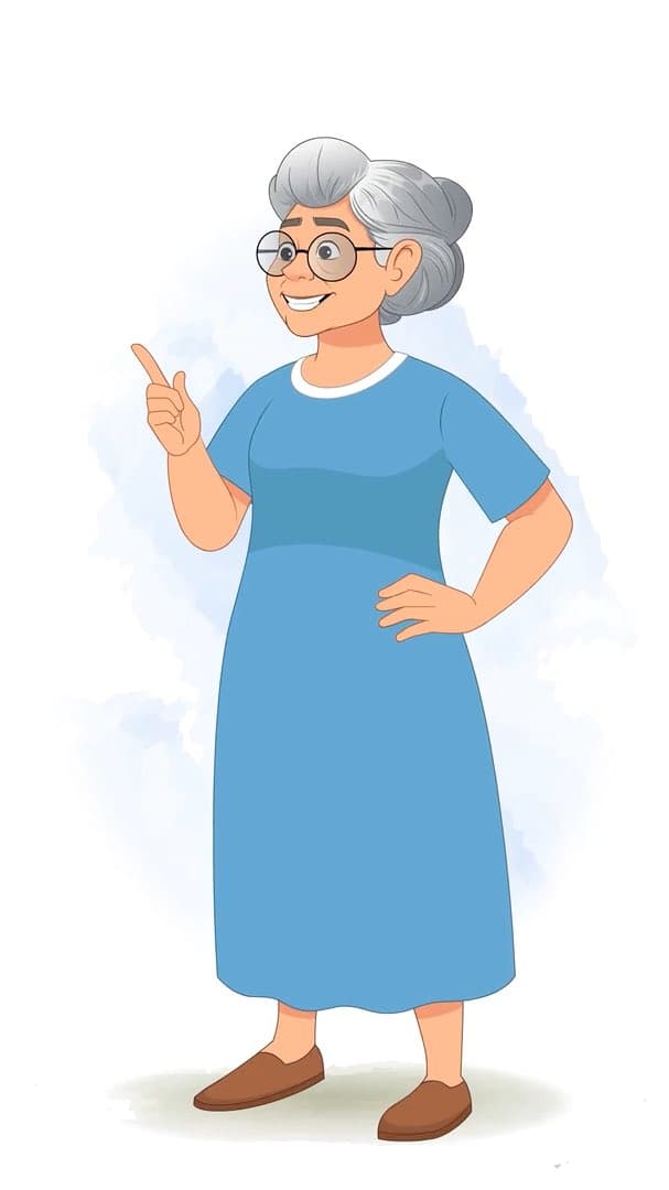 A talking grandma in 1/3 view animated vector cartoon character AKA Martha
