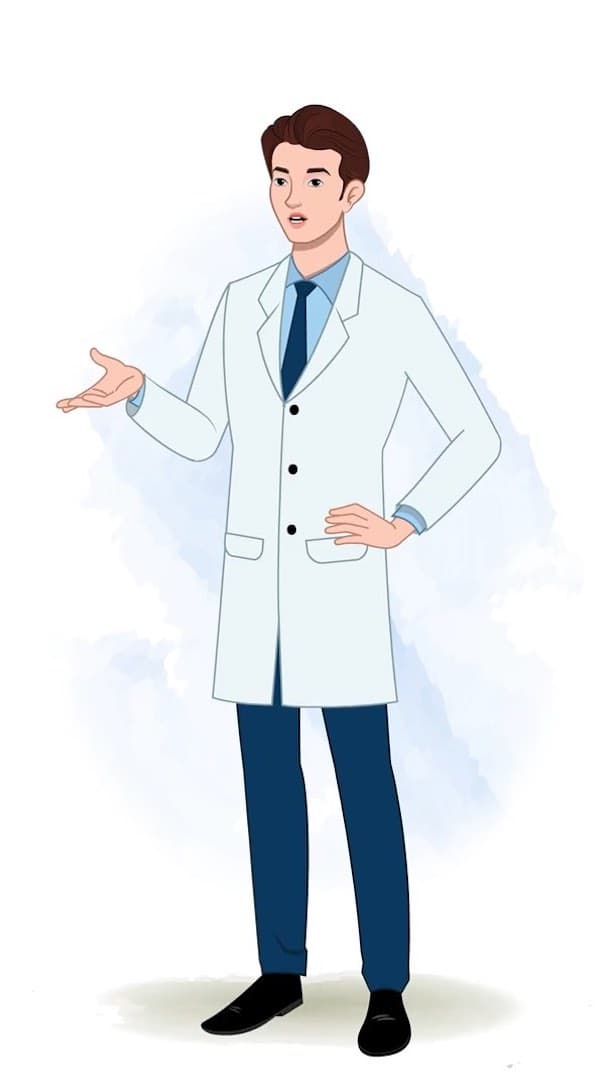 A male dentist talking in 1/3. view animated vector cartoon character AKA Oliver