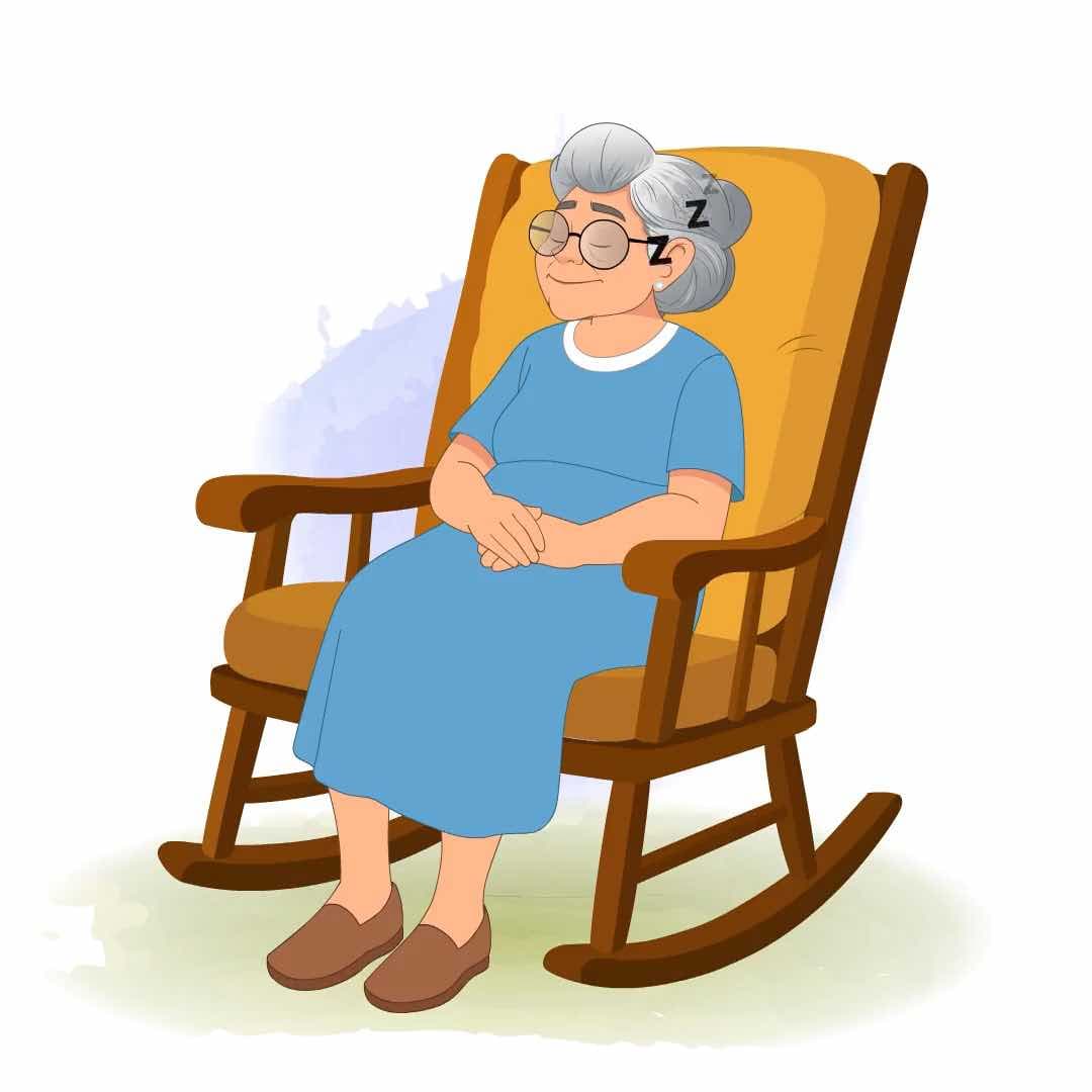 A grandma sleeping while sitting on a rocking chair animated vector cartoon character AKA Martha