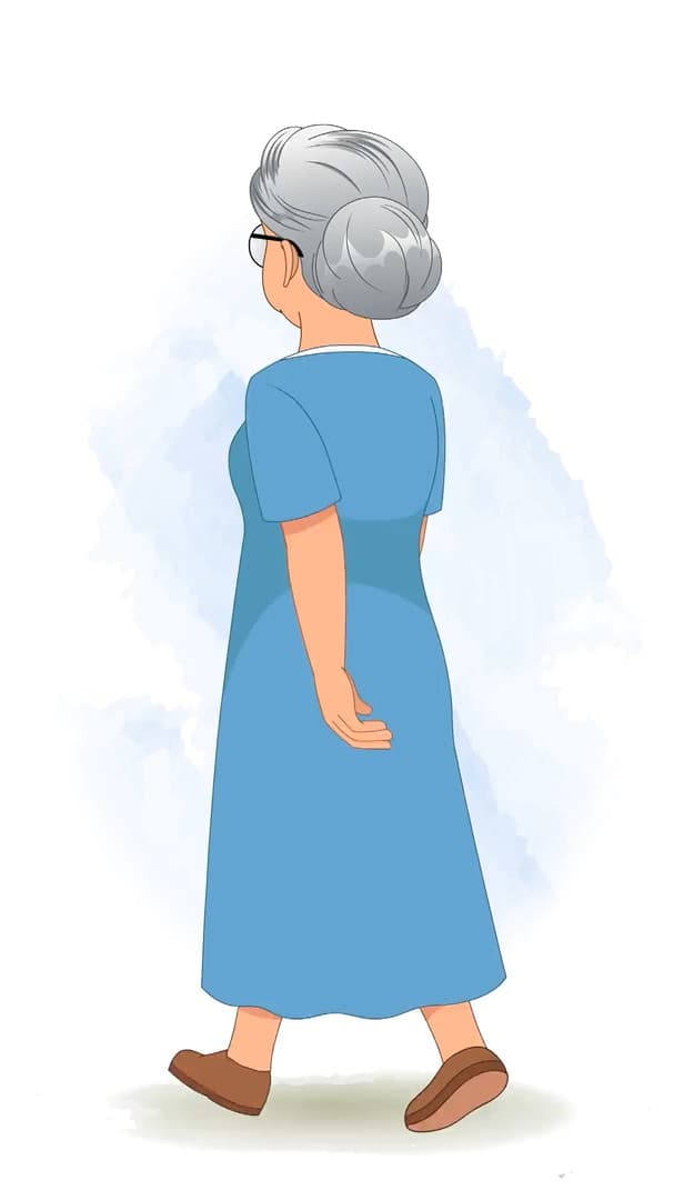 A grandma walking in back third view animated vector cartoon character AKA Martha
