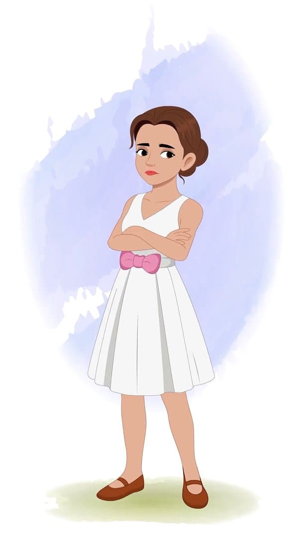 An annoyed belly dancer in 1/3 view animated vector cartoon character AKA Luna