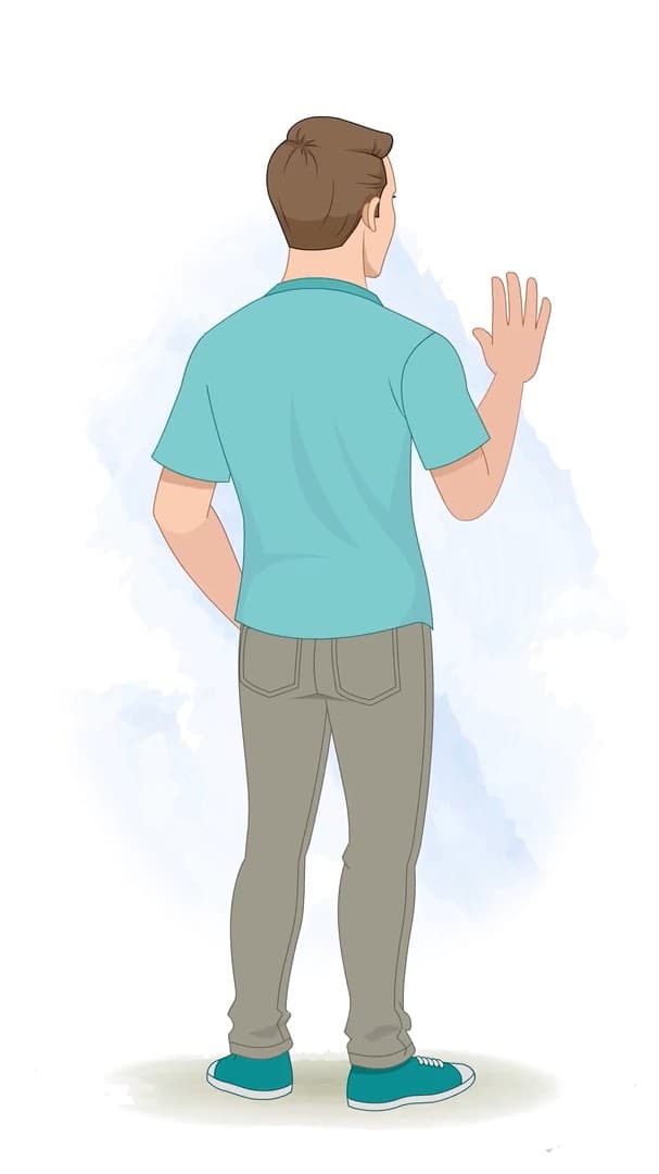 A handsome man saying hi in back third view animated cartoon character vector AKA Sam