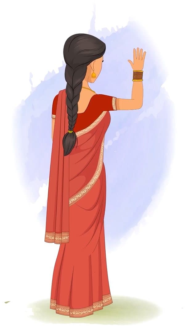 A beautiful Indian lady saying hi in back third view animated vector cartoon character AKA Bhoomika