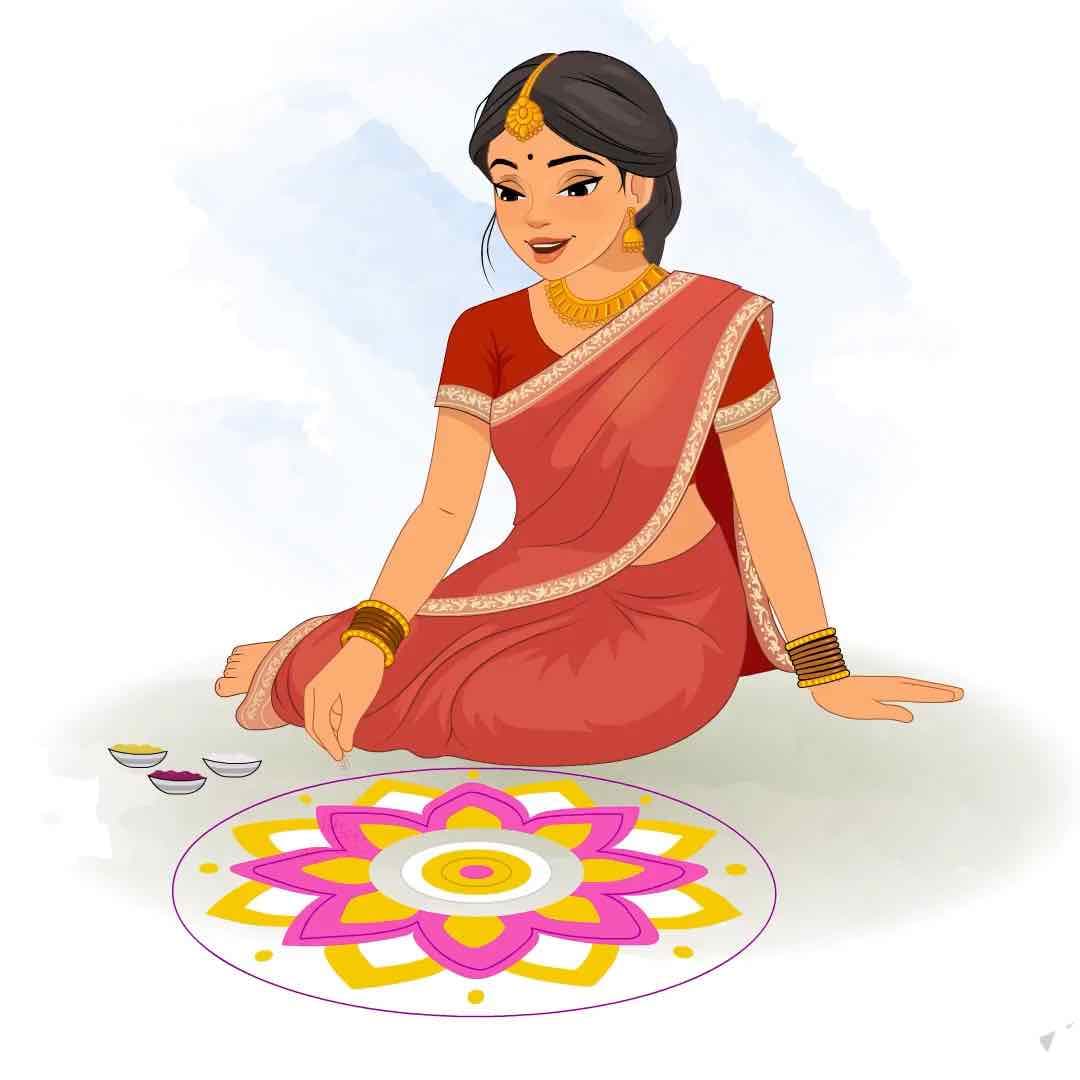 A beautiful Indian lady making rangoli animated cartoon character vector AKA bhoomika