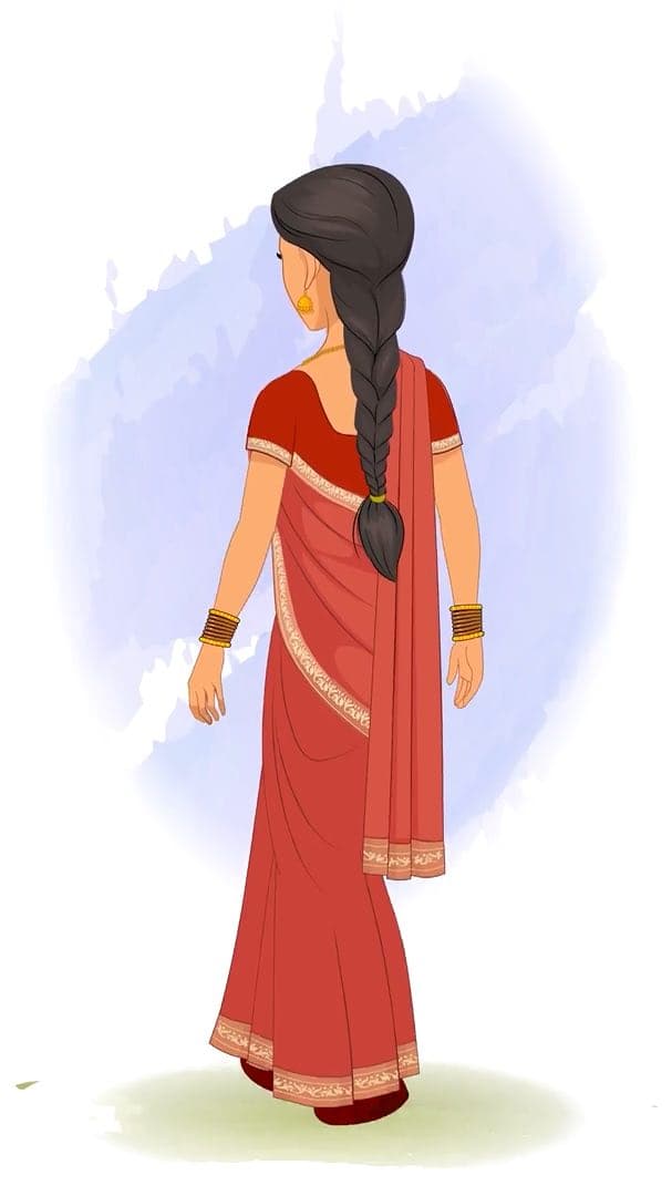 A beautiful Indian lady walking in back third view animated cartoon character vector AKA Bhoomika