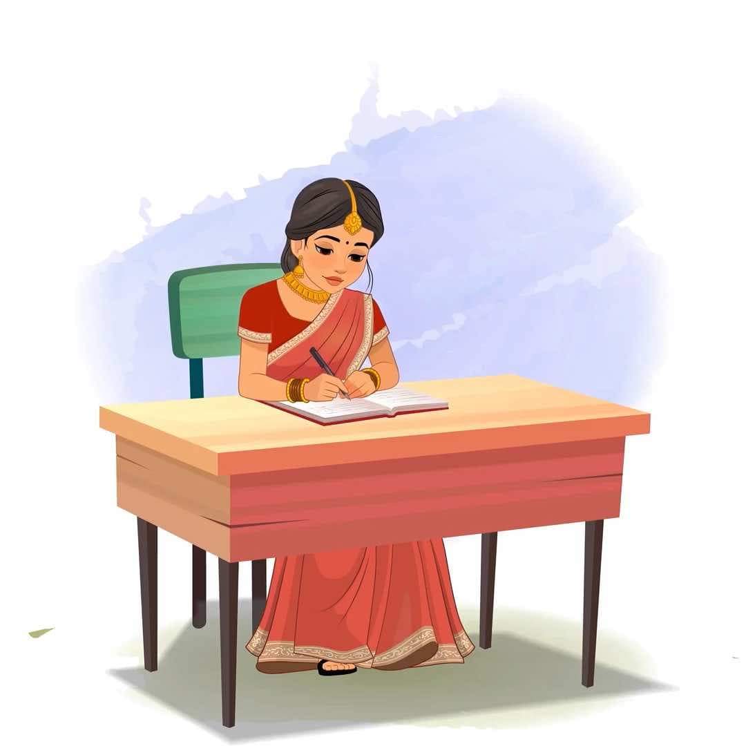 A beautiful Indian lady writing in notebook animated vector cartoon character AKA Bhoomika
