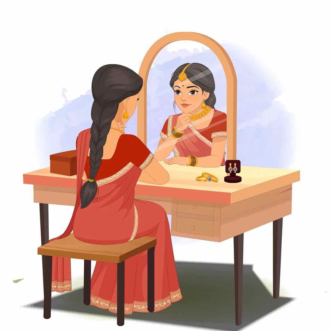 A beautiful Indian lady getting ready at dressing table animated vector cartoon character AKA Bhoomika