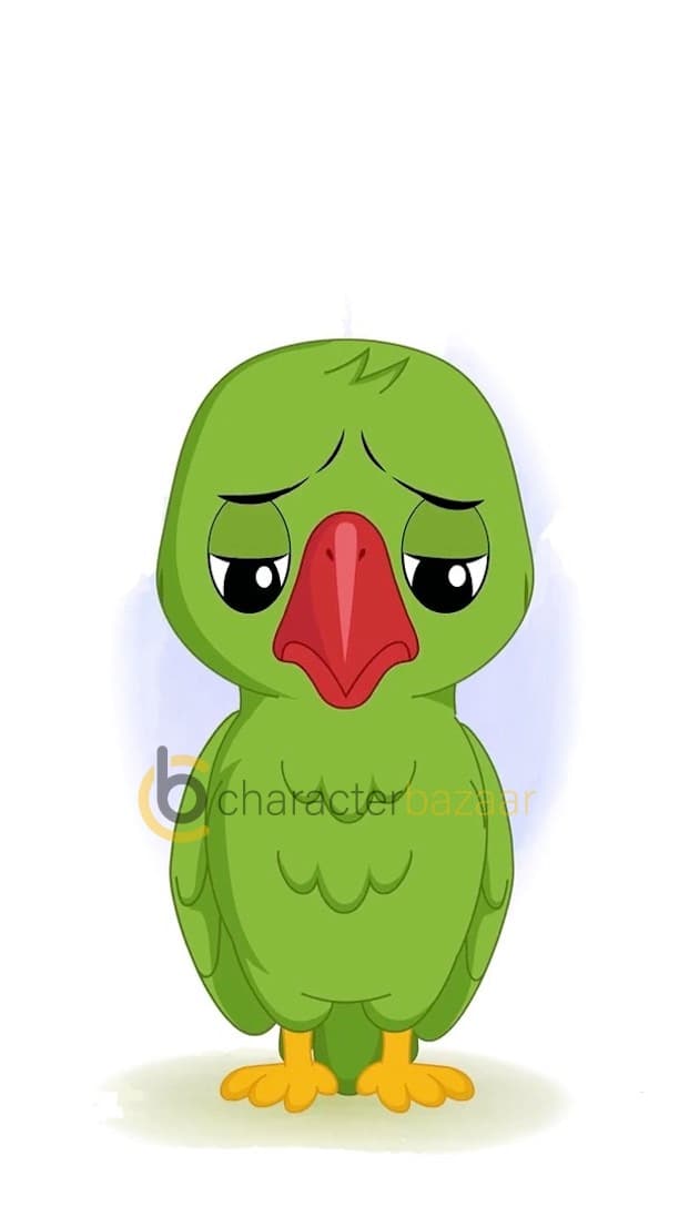 A sad green parrot animated vector cartoon character AKA Mithu