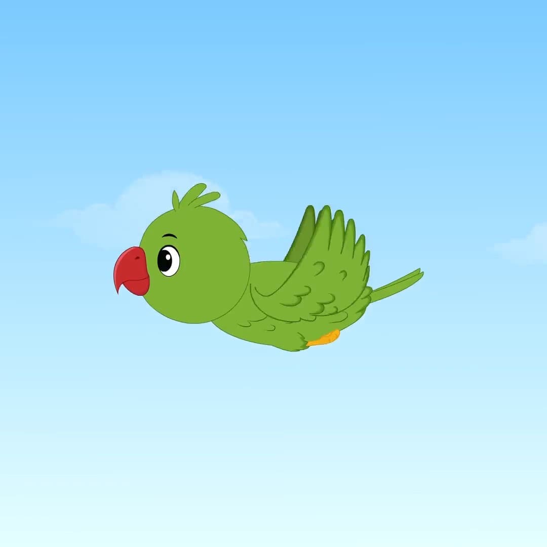 A green parrot flying animated vector cartoon character AKA Mithu