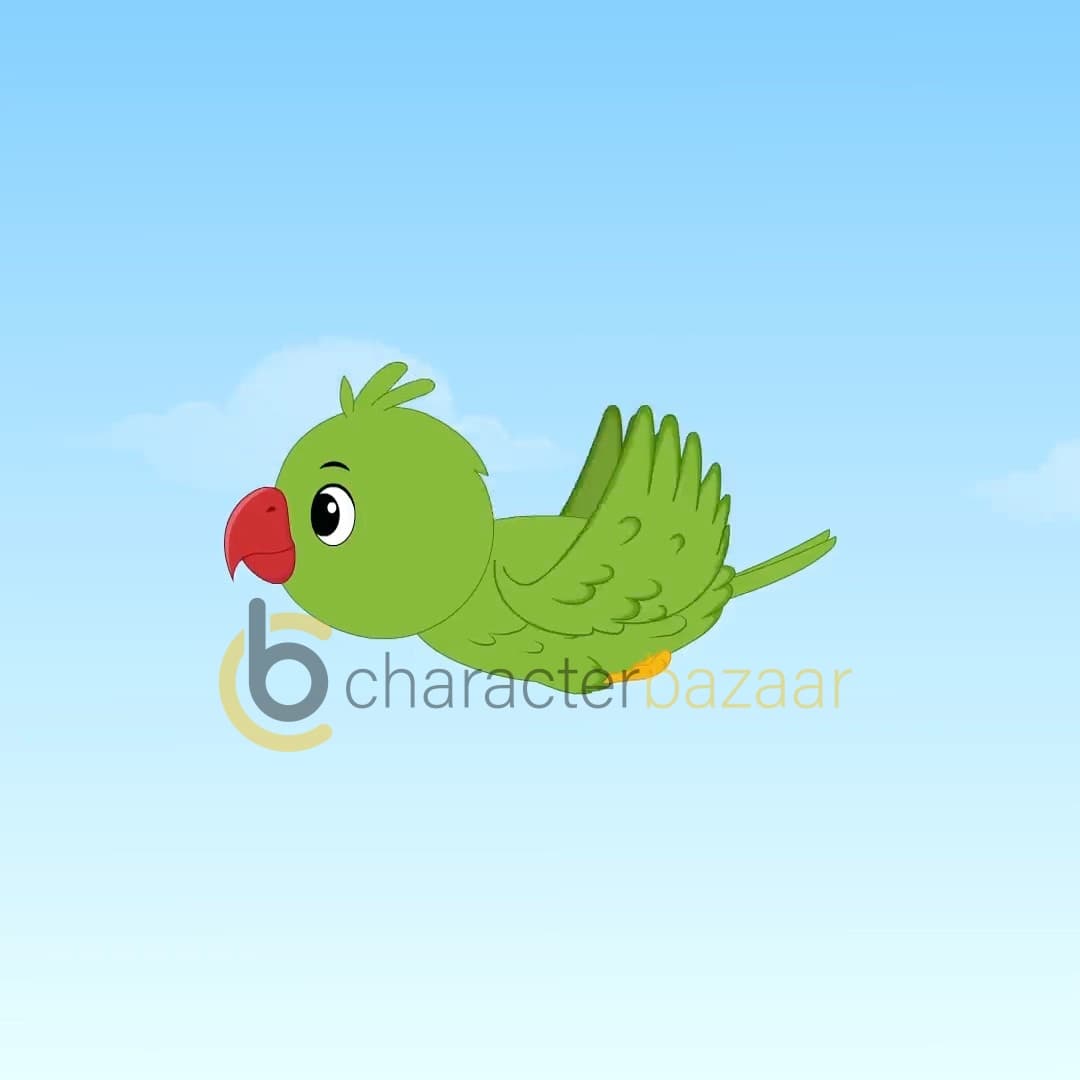 A green parrot flying animated vector cartoon character AKA Mithu
